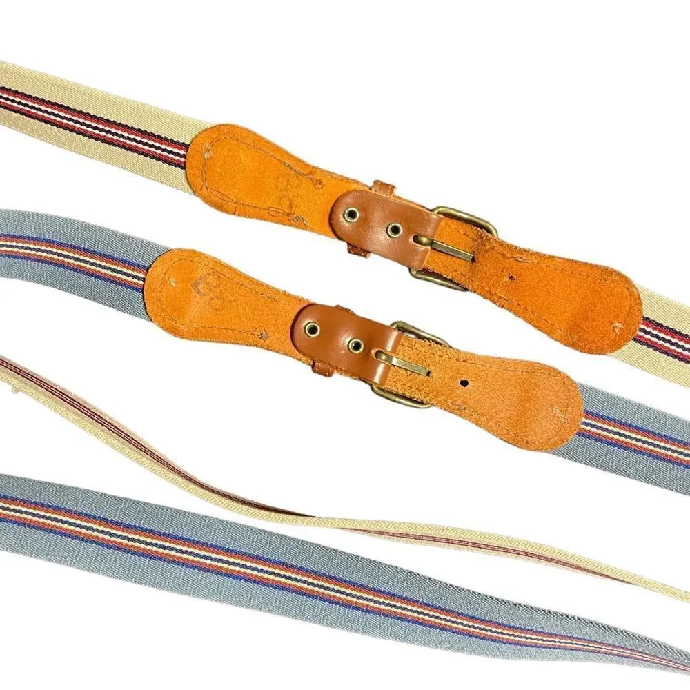 Vintage striped stretch webbing and leather belts fits upto 38” waist